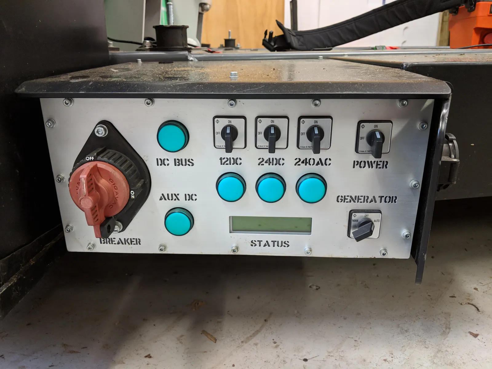 The platform's control panel with labelled switches for power subsystems