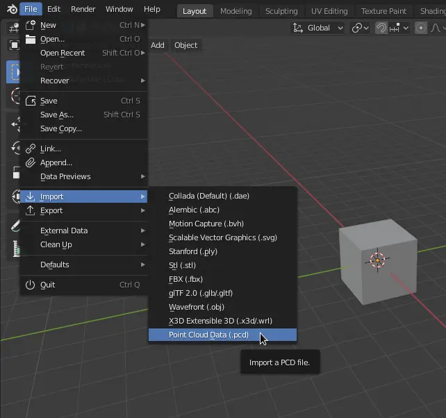 Importing a PCD file with blender