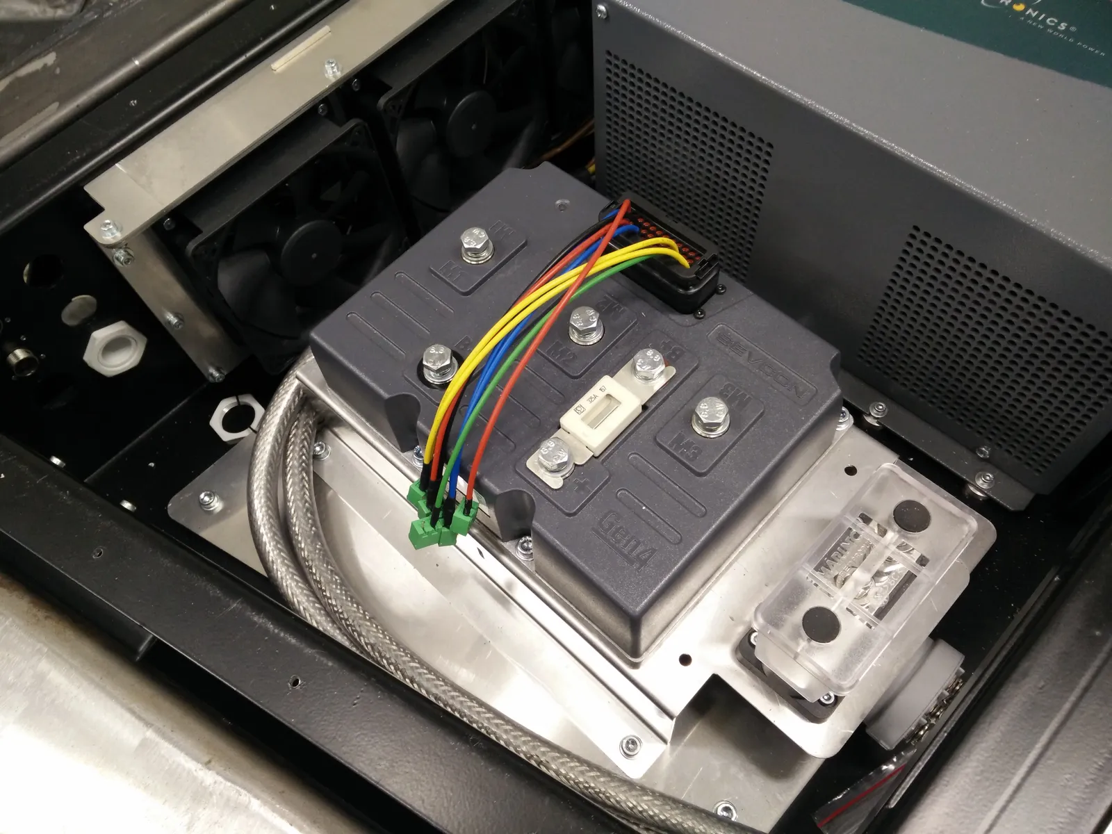 Motor controller mounted on its heatsink plate inside the cabinet